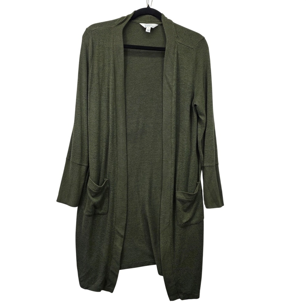 Market & Spruce Olive Green Open Front Longline Cardigan Sweater Pockets Small